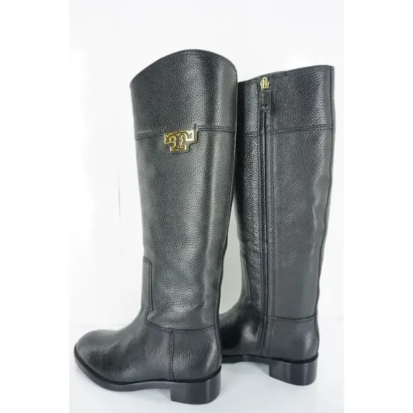 Tory Burch Joanna Black Leather Gold Logo Riding Boots Size 5.5 Heels NIB $495